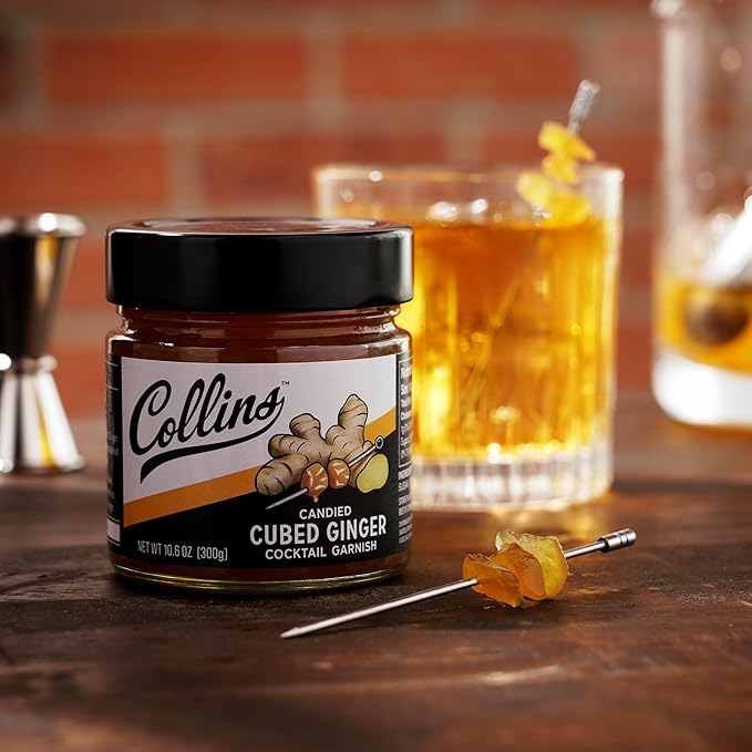Collins Candied Ginger in Syrup for Cocktails, Gluten Free Skinny Cocktail Garnish for Whiskey, Rum, Martini, Mojito, Gin, Moscow Mule, Tea, Desserts, Baking, Home Bar, 10.6 oz, Set of 1
