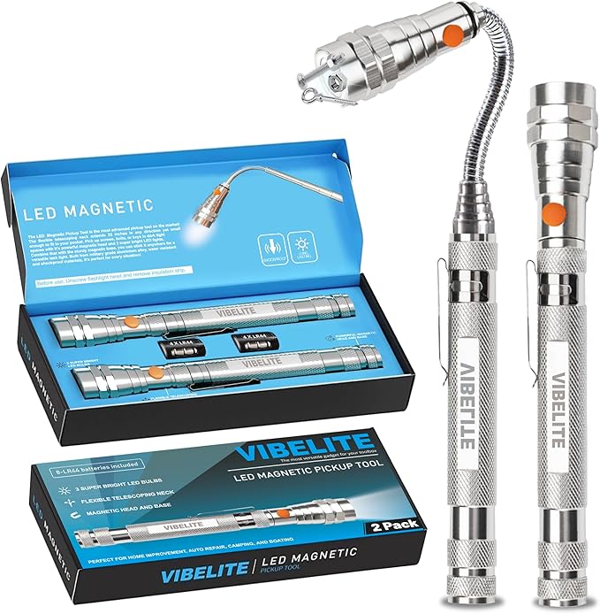Extendable Magnetic LR44 Flashlight with Telescoping Magnet Pickup Tool-Cool Gadget Gifts for Him, Husband, Men, Dad, Father, Mechanic,Tech, Handyman, Boyfriend, Women, Silver, 2 Pack