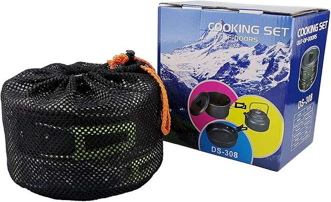 Peidesi Camping Cookware Mess Kit, Portable Camp Stove Pots and Pans Set, Carabiner, Folding Knife, Fork Spoon Kit, Carry Mesh Bag,Teapot for Backpacking, Outdoor Camping, Hiking and Picnic（16Pcs）