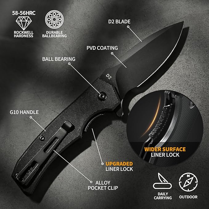 Praxis Pocket Knife, 2.9" D2 Steel Folding Knife with G10 Handle PVD Titanium Coating Blade Lightweight for every day carry.