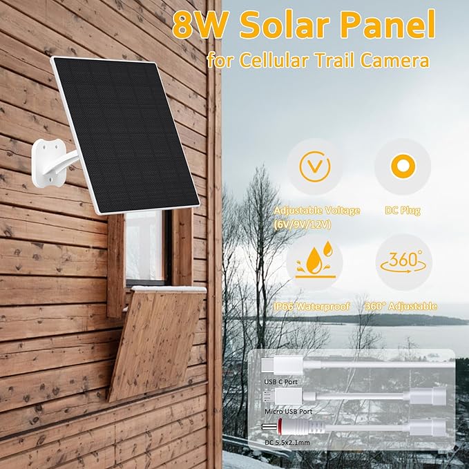 Zivif 8W Solar Panel for Security Cameras, Solar Panel Charger Camera with USB-C Cable, DC 5.5x2.1mm & Micro USB Port, IP66 Waterproof with Adjustable Mount, 7.2FT Cable