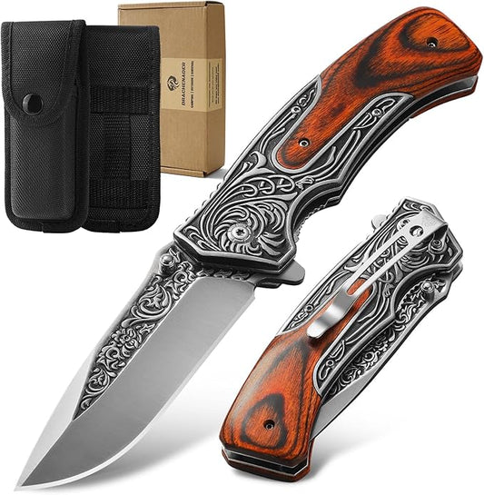 Pocket Knife for Men, 8.7" Folding Knife, 440 Stainless Steel Blade, 0.19lb, Wood Handle with 3D Retro Embossed Pattern, EDC Folding Knife for Work, Camping, Christmas Gifts