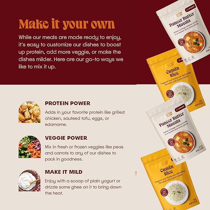 Cumin Club Indian Meals | Freeze Dried Backpacking & Camping Food | Gluten Free | High Protein | 2 Packs of Paneer Tikka & 2 Packs of Cumin Rice | Authentic Flavors for Outdoor Adventures | Ready to Eat & Easy Prep
