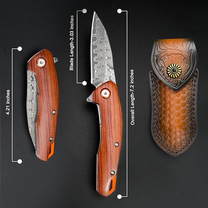 Damascus Pocket Knife for Men Women 3.03" Damascus Blade Folding Knife for EDC Outdoor Fishing Camping Hiking Wooden Handle Pocket Knives with Leather Sheath