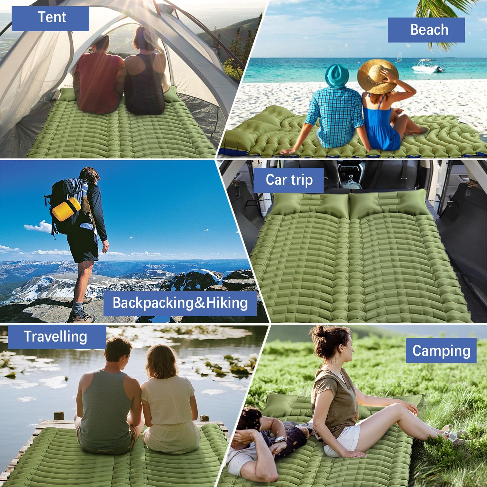 Pretyw Double Camping Sleeping pad with Pillow & Built-in Foot Pump