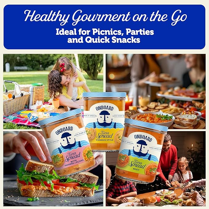 ONBOARD Yellowfin Assorted Tuna Spread 3 Pack 7.1 oz Jars (Spicy, Hummus Organic Style, with Pepper and Olives) - Irresistible High-Protein Snack, Wild-Caught Tuna - For Sandwiches, Chip Dips & Healthy Indulgences for Weight Loss Recipe - Dolphin Safe