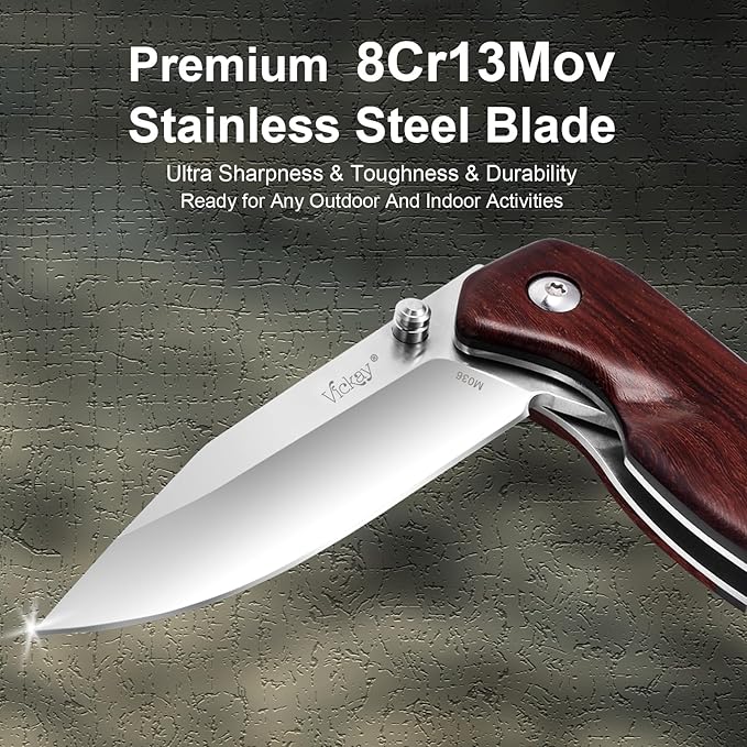 Vickay Pocket Knife for Men, Folding Knife for Women with Clip, 2.9inch 8Cr13MoV Steel Blade, Wood Handle EDC Knife for Camping, Tactical, Hunting, Camping, Hiking and Everyday Carry