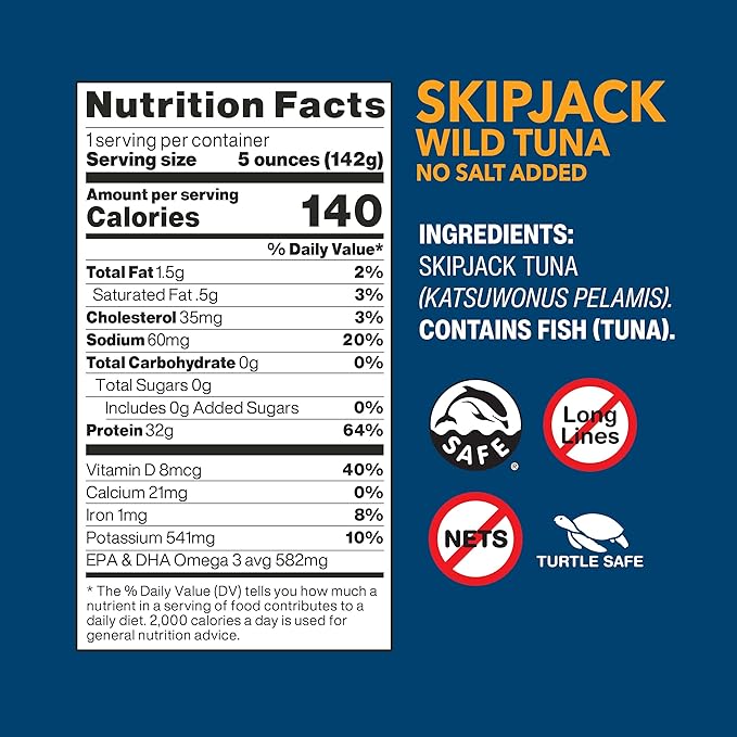 Wild Planet Skipjack Wild Tuna, No Salt Added, Canned Tuna, Sustainably Wild-Caught, Pole & Line, Non-GMO, Kosher, 5 Ounce (Pack of 12)
