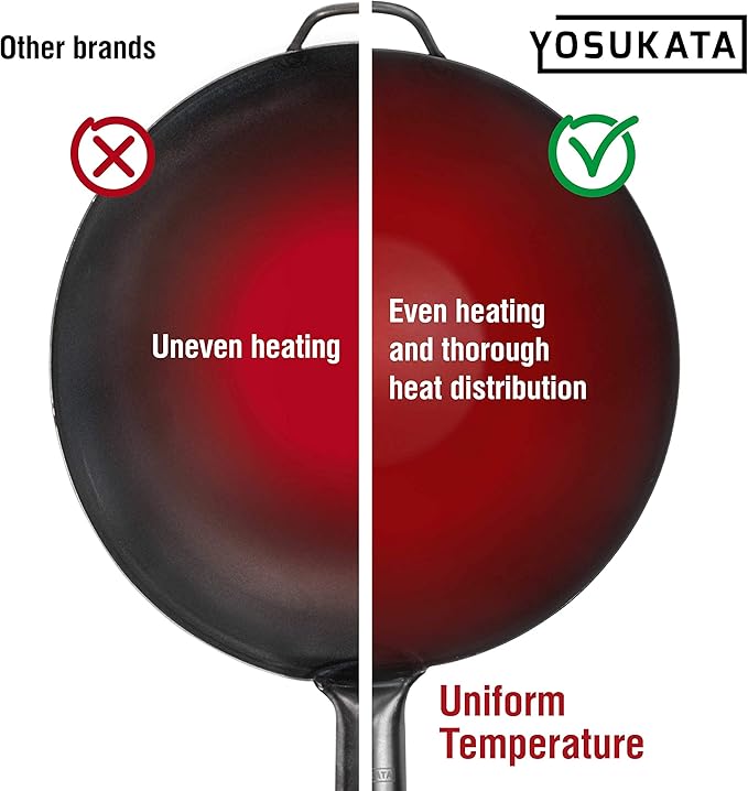 YOSUKATA 13.5" Carbon Steel Wok Pan – Pre-Seasoned Flat Bottom Pow Wok for Stir Fry, BBQ, Grill & Camping – Traditional Japanese Chinese Cookware – Compatible with Induction, Electric, Gas, Open Fire