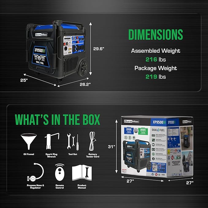 DuroMax XP9500iH 9,500-Watt Dual Fuel Portable Digital Inverter Generator - Gas & Propane, Remote Electric Start, RV & Emergency Ready