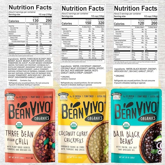 BeanVIVO - Variety 3 Pack (10 oz each) - Organic Baja Black Beans, Three Bean Vegan Chili, Coconut Curry Chickpeas - Seasoned & Ready to Eat, Plant Protein, Vegan, Gluten Free, Microwaveable, Instant Meals