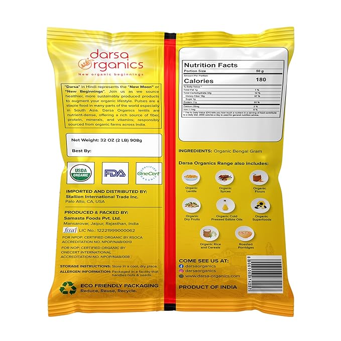 Darsa Organics Chana Dal 2 lb ??USDA Organic Split Bengal Gram (Yellow Chickpeas), Non-GMO, Chemical-Free ??Yellow Lentils for Dal, Khichdi, Soups, Salads, Veggie Burgers & Patties