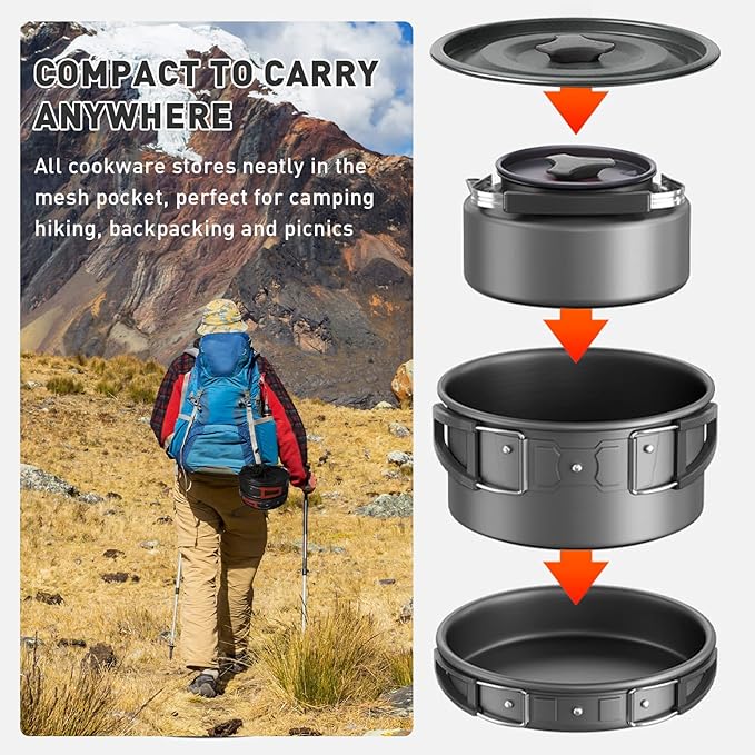 Camping Cookware Camping Cooking Set, Non-Stick Pots and Pans with Kettle, 2 Stainless Steel Plates, 2 Water Cups, 2 Sets of Knives and Forks, Spatula, Dish Towel, Backpack Storage Bag