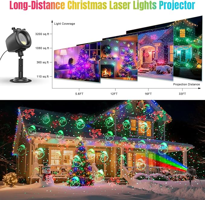 Halloween Christmas Laser Lights Projector Outdoor with 4 Dynamic Slides, 2-in-1 Moving RGB Firefly Laser Lights with Remote,Timer, Landscape Holiday Porjector for Window Wall Xmas Decor