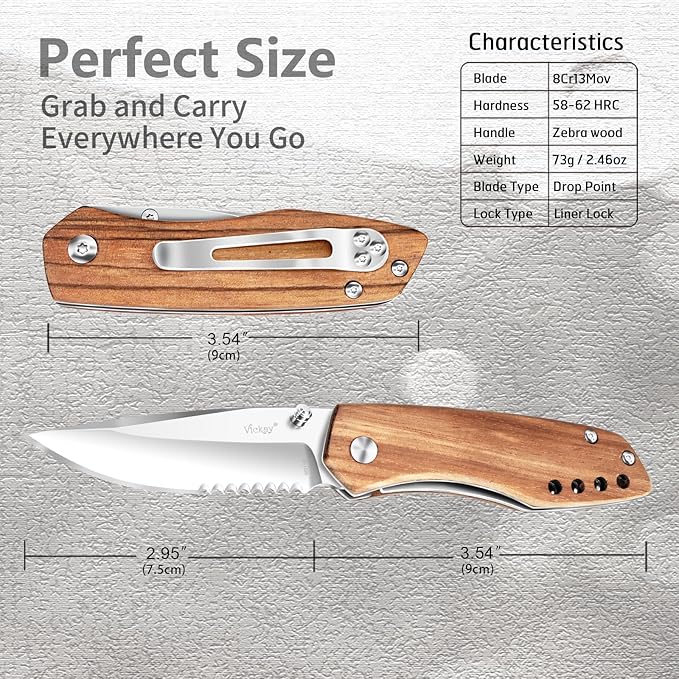 Vickay Folding Pocket Knife for Men & Women, 2.95" 8Cr13MoV Half-Serrated Steel Blade, Wood Hanlde EDC Knife with Clip, Liner Lock Knife for Camping, Hunting, Tactical, Survival and Father's Day Gift