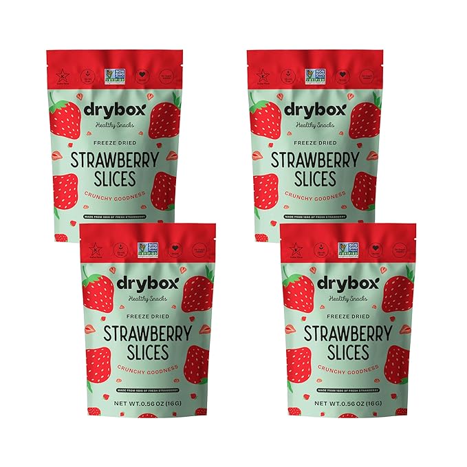 Drybox Freeze Dried Strawberries Sliced | 100% Natural Fruit | Freeze Dried Strawberry Source | No Sugar & Additives | Healthy Snack & Topping for Beverages or Recipes | Non-GMO, Vegan, Gluten Free, 0.56 oz 4 pack