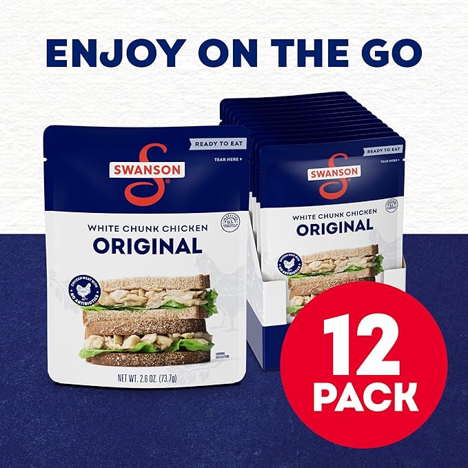 Swanson Original White Chunk Fully Cooked Chicken, Ready to Eat, Simple On-the-Go Meals, 2.6 OZ Pouch (Case of 12)