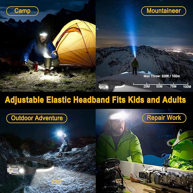 Head Lamps Led Rechargeable 2PCS, 230° Wide Beam Sensing COB Headlamp Flashlight Detachable, 9 Light Modes, Hard Hat Lamp, IP65 Waterproof 400 Lumens for Camping, Fishing, Working, Gift (2, Black)