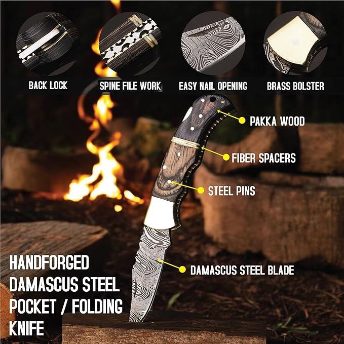 6.5 inch Damascus Pocket Knife with Sheath, Handmade Folding Pocket Knife for Men, Black-Red Wooden Handle with Brass Bolster, Secure Lock Back Camping Knife for EDC,Hunting,Hiking (Brown)