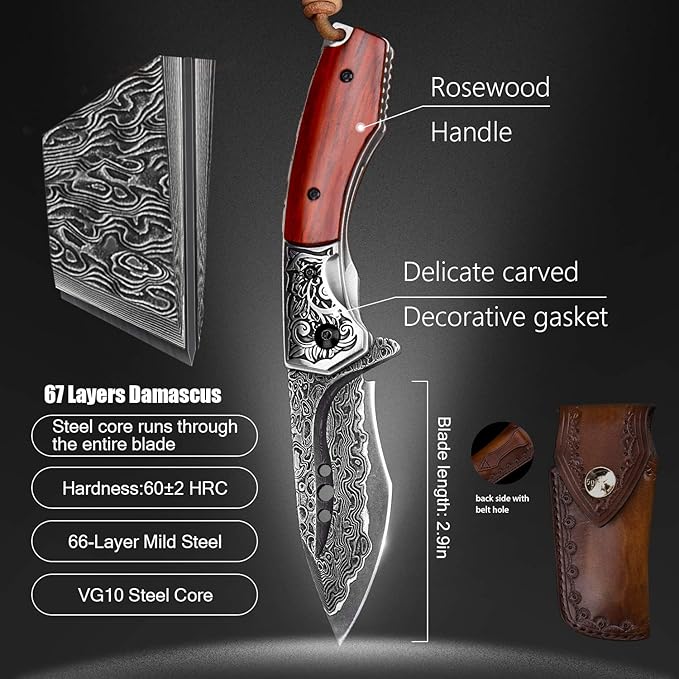 hand made damascus steel pocket knife, 3.1 inch outdoor folding knife, camping rosewood handle with leather case and inner lining