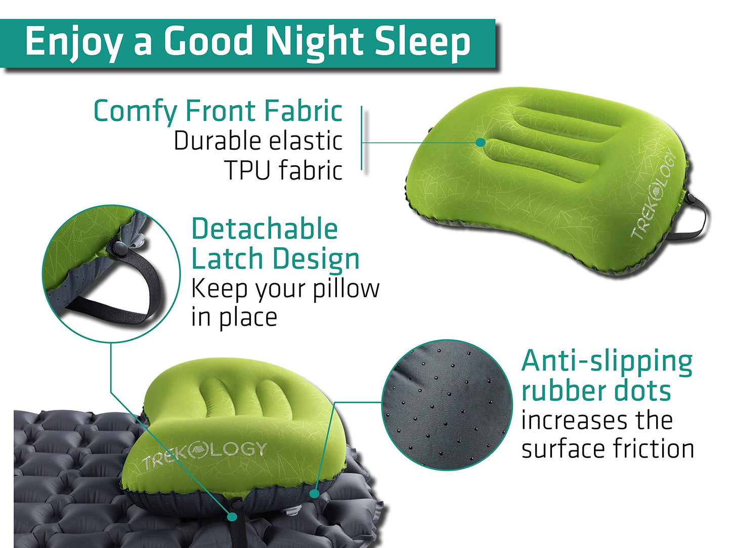 TREKOLOGY Ultralight Inflatable Camping Travel Pillow - ALUFT 2.0 Compressible, Compact