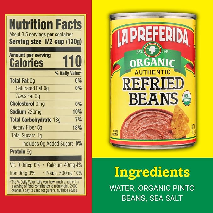 La Preferida Organic Refried Pinto Beans (100% Vegan & Lard-Free) Just 3 Simple Ingredients – USDA Certified, 9g of Protein & 5g of Fiber Per Serving, 15 oz. (Pack of 18)