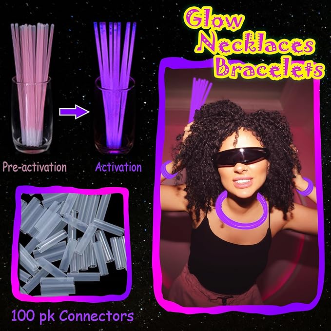 ILHSTY 100 Pcs 8'' Purple Glow Sticks Glow Necklaces In The Dark Party Favor Supplies Bright GlowSticks Bulk with Accessories for Christmas Halloween Easter Carnival Birthday Neon Party (Purple*100)