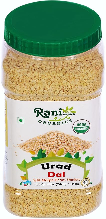Rani Organic Urid/Urad Dal (Split Matpe Beans Skinless) Indian Lentils 64oz (4lbs) 1.81kg Bulk PET Jar ~ All Natural | Vegan | Gluten Friendly | NON-GMO | Indian Origin | USDA Certified Organic
