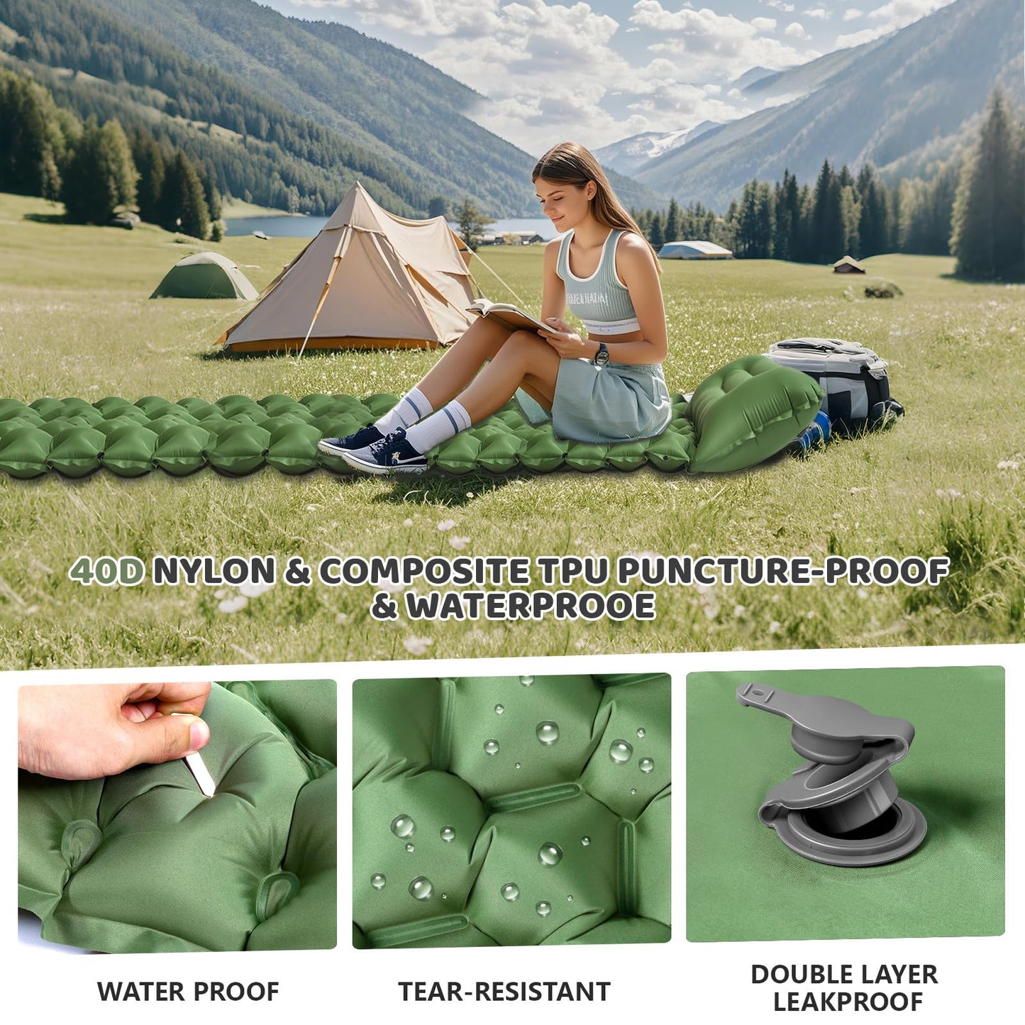 Yewkoisl Sleeping Pad,Inflatable Camping Mat with Pillow & Foot Pump-Green