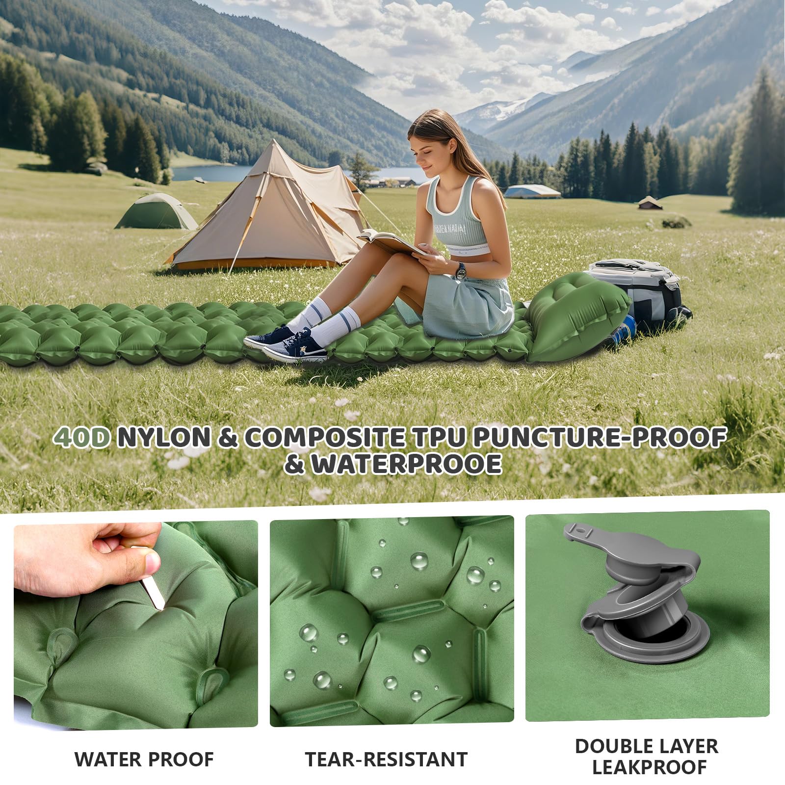 Yewkoisl Sleeping Pad,Inflatable Camping Mat with Pillow & Foot Pump-Green