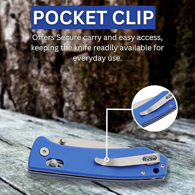 Rite Edge Premium Folding Pocket Knife 4.25" With Stainless Steel Blade, G10 Handle, Belt Clip - Camping Outdoor Utility Folder, Father's Day Gift - Blue