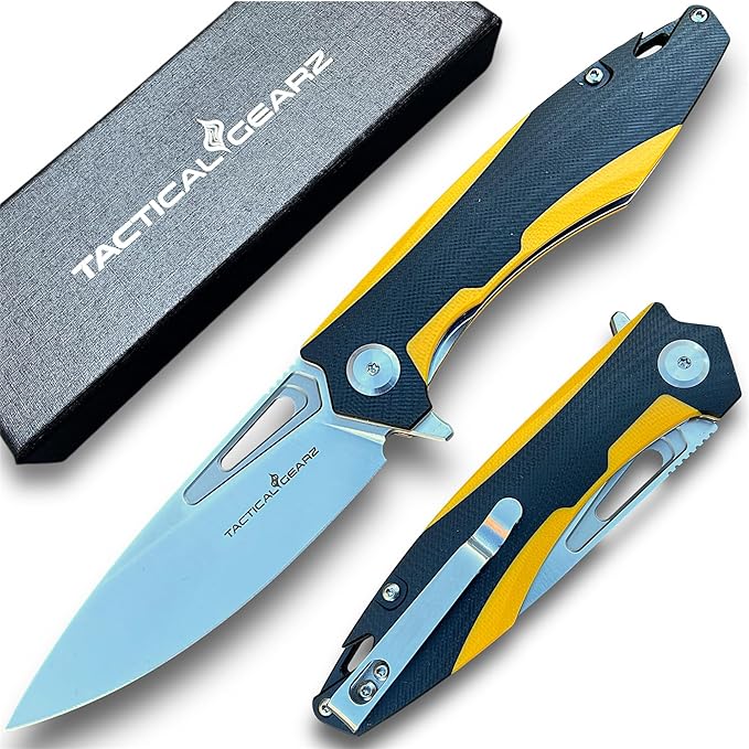TACTICAL GEARZ Pocket Folding Knife for EDC, D2 Steel Blade, Dual Color G10 Handle, Includes Sheath (Kuma Yellow/Black)
