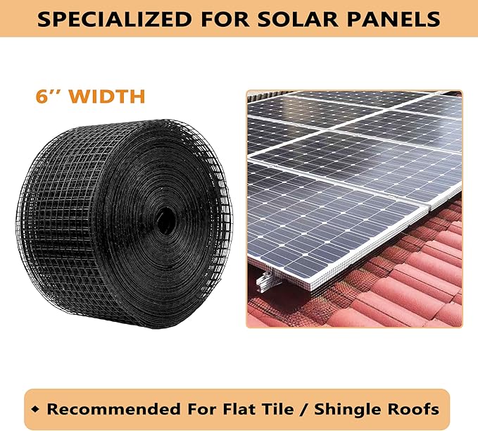 PROLEE 6 Inch X 100FT Solar Panel Bird Guard, Anti-Rust Critter Guard with 100 Fastener Clips Rooftop Solar Panel Bird Wire Screen, Removable Without Damage(6 Inch x 100 Feet)