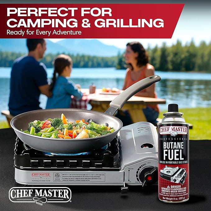 Chef Master 24x 8oz Butane Fuel Canister - Butane Fuel for Camping Stove & Kitchen Torch - Gas Canister for Picnics, Outdoor Cooking, Grilling - Camping Stove, Torch Fuel Camping Essentials - 90340