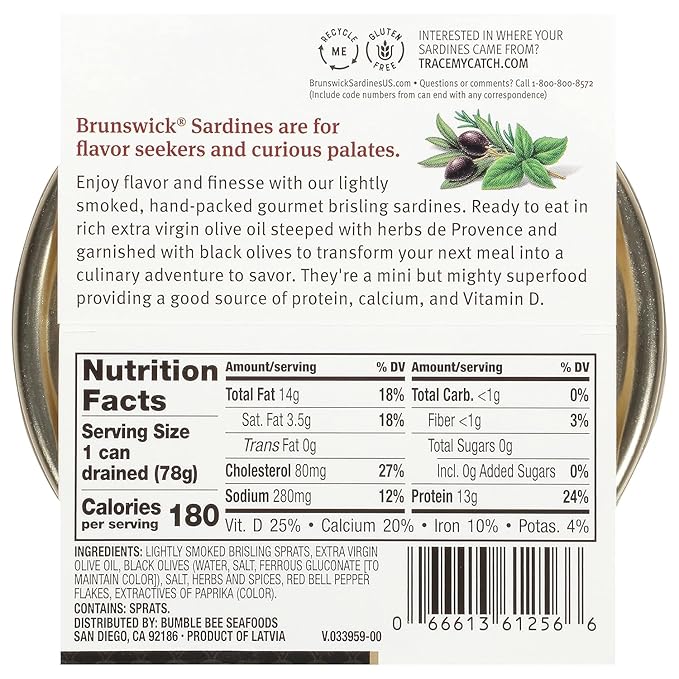 Brunswick Wild Caught Gourmet Brisling Sardines in Extra Virgin Olive Oil, Mediterranean Style with Black Olives, Herbs and Spices, 4.23 oz Can - Wild Caught Sardines - 13g Protein per Serving