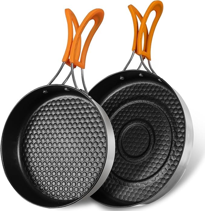 REDCAMP Nonstick Frying Pan Set 2 Piece, 10, 12 Inch Stainless Steel Frying Pan, Lightweight Camping Skillet for Cooking Egg Steak, Outdoor Kitchen Equipment Gear, Portable Backpacking Cooking Pan