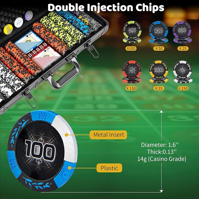 Goplus Poker Chip Set, 300 PCS/500 PCS 14 Gram Clay Poker Chips w/ Aluminum Case, Card Decks, Dealer Buttons, Dices, for Texas Holdem, Blackjack, Casino Gambling (500 PCS Chips Set)