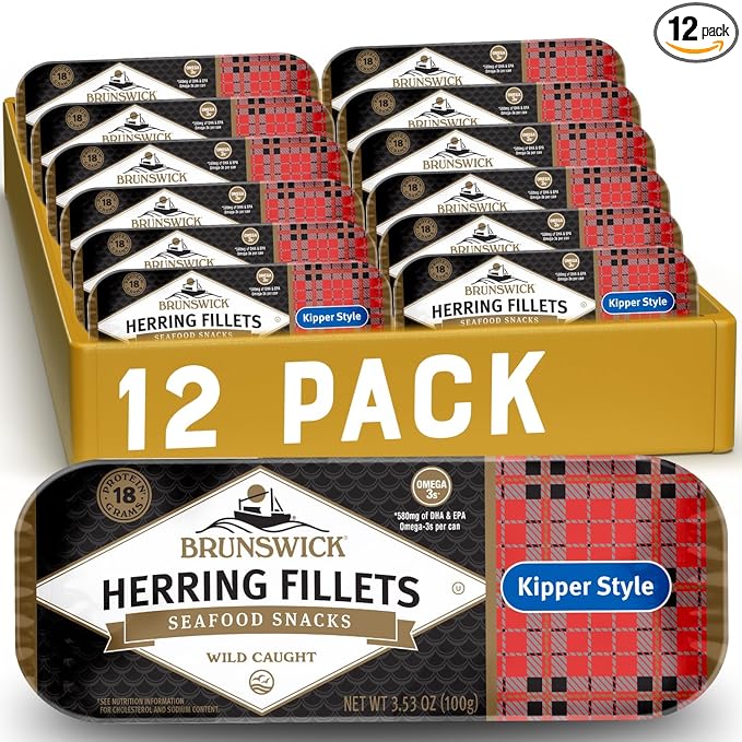Brunswick Boneless Kipper Style Herring Fillets, 3.53 oz Can (Pack of 12) - 18g Protein per Serving - Gluten Free, Keto Friendly - Great for Pasta & Seafood Recipes