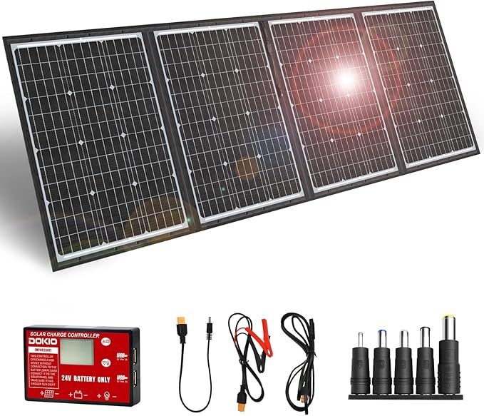 DOKIO 200W 36V Portable Folding Solar Panel Kit for 24V Batteries & Power Stations Lightweight Flexible Charger for AGM, LiFePO4, Deep Cycle ??RV, Trailer, Truck, Boat, Camping, Van, Emergency