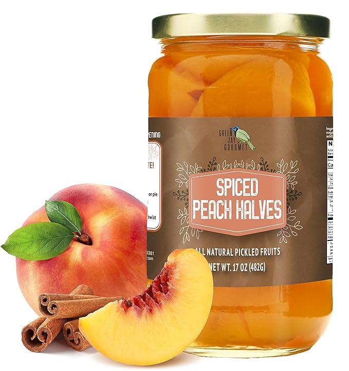 Green Jay Gourmet Spiced Peaches in a Pint Jar - Fresh Hand Jarred Fruit for Cooking & Pantry ??Home Grown Pre-Prepared Pickled Peaches With Cinnamon Oil ??Simple Natural Ingredients - 17 Ounce