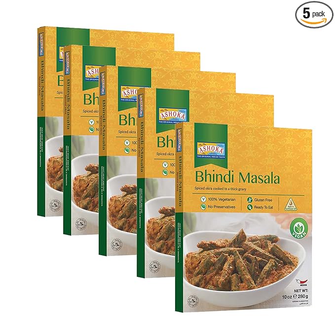 Ashoka Ready to Eat 1932, Vegan Spiced Orka, All-Natural Bhindi Masala, Real Indian Meals, Kosher Certified, Great for Offices, Healthy Work Lunch, Gluten-Free, and with No Preservatives, Pack of 5