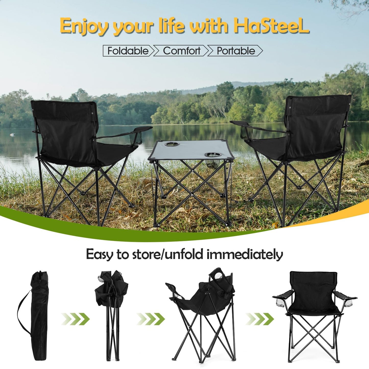 HaSteeL Folding Camping Chair Set of 3, Foldable Black Camp Chairs & Grey Table, Large Lawn Chair