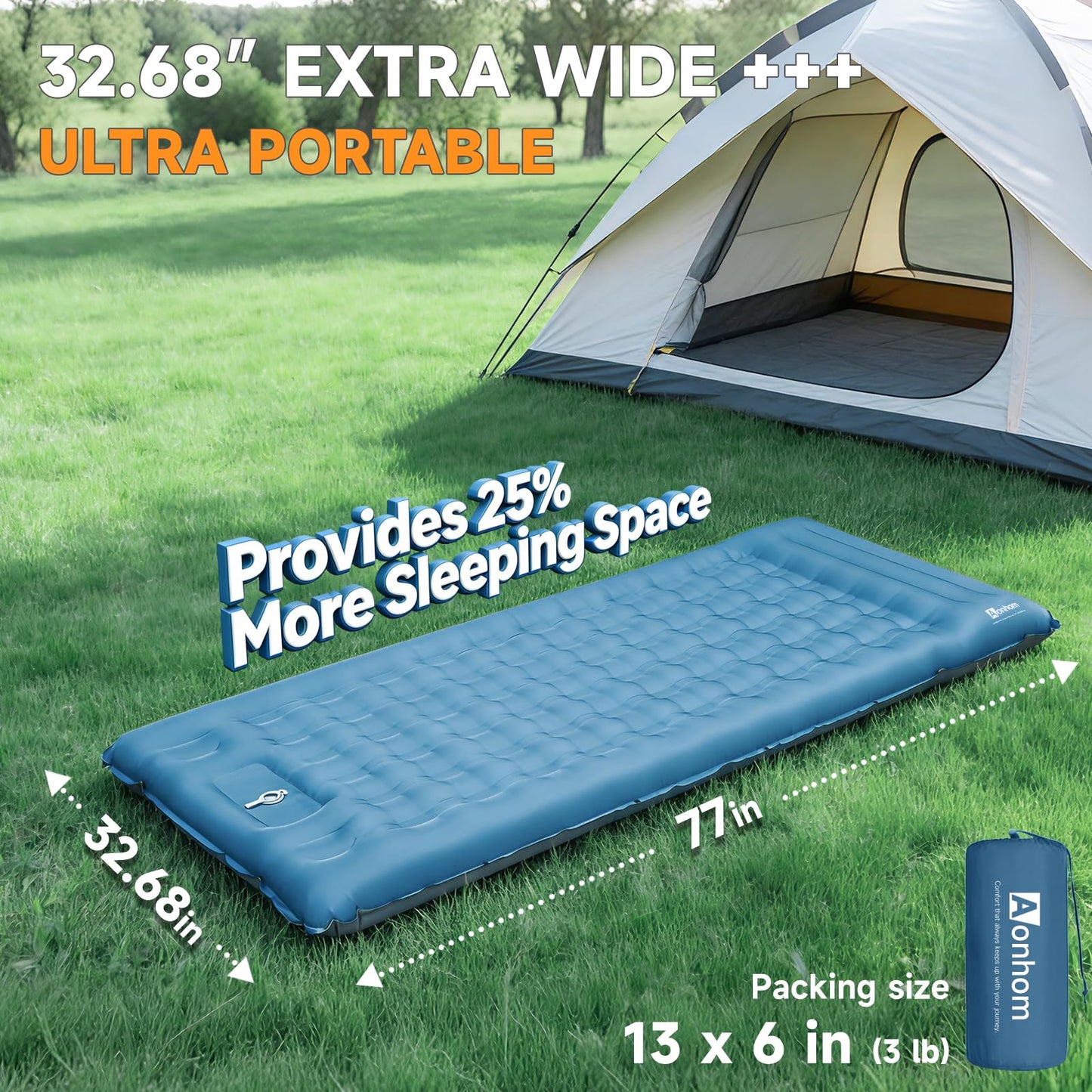 Aonhom Camping Sleeping Pad, 6" Extra Thick Sleeping Mat with Pillow Built-in Foot Pump, 32.7"