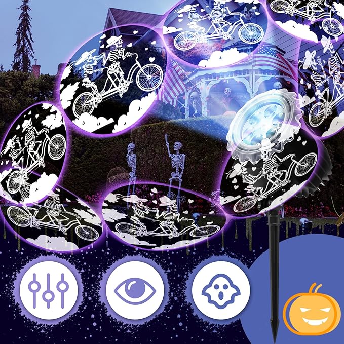 Halloween Projector Light with 1 Film Slides Holiday LED Projector Lights Outdoor Reflectors Waterproof Landscape Decorative Rotation Lighting Movement Projection Lamp(Riding)