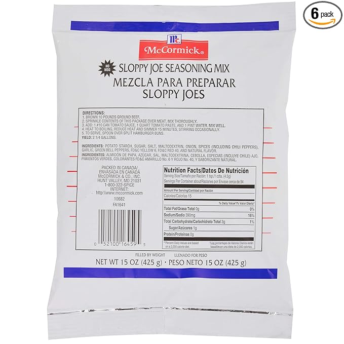 McCormick Culinary Sloppy Joe Seasoning Mix, 15 oz - One 15 ounce Bag of Sloppy Joe Mix, Perfect with Beef or Vegetables (Pack of 6)