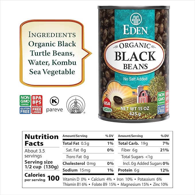 Eden Organic Black Beans, 15 oz Can (12-Pack Case), No Salt Added, Non-GMO, U.S Grown, Heat and Serve, Macrobiotic, Turtle Beans, Frijol Negro, Caviar Criollo