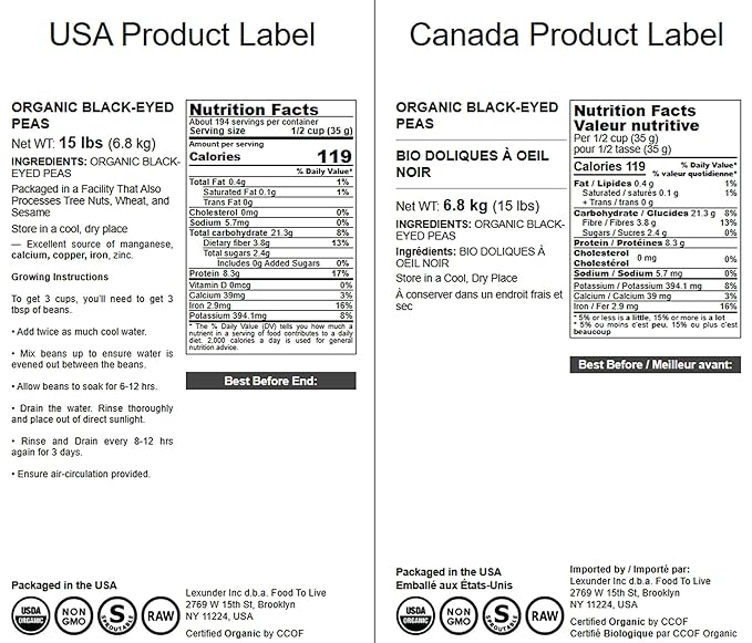 Food to Live Organic Black-Eyed Peas, 15 Pounds ??Raw Dried Cow Peas, Non-GMO, Bulk Beans, Product of the USA