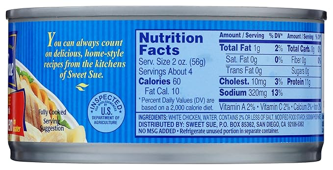 Sweet Sue Chunk White Chicken in Water, 10 oz Can - 11g Protein per Serving, 98% Fat Free - Gluten Free, Keto Friendly - Great for Snack, Lunch or Dinner Recipes