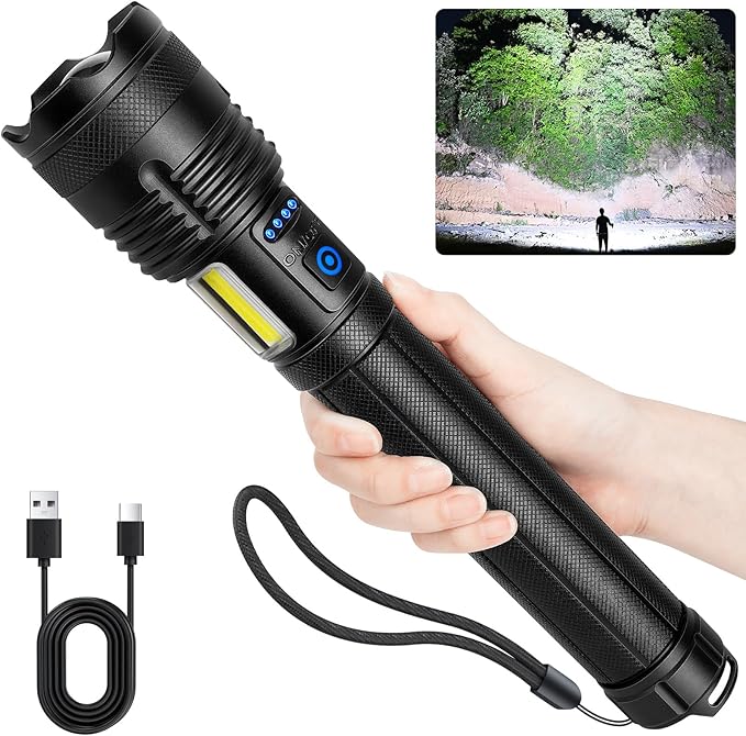 Rechargeable Flashlights 90000 High Lumen, 10000 ɱAh ?ATTERY LED Flashlight with Cob-Light for Home, Super Bright Flash Light 7 Modes, IPX7 Waterproof for Outdoor Camping