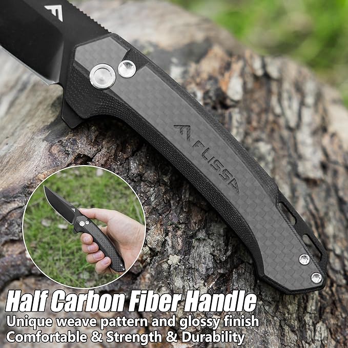 FLISSA Pocket Folding Knife, 3.2??D2 Blade Carbon Fiber Handle EDC Knife with Pocket Clip for Hiking, Camping, Outdoor Activities